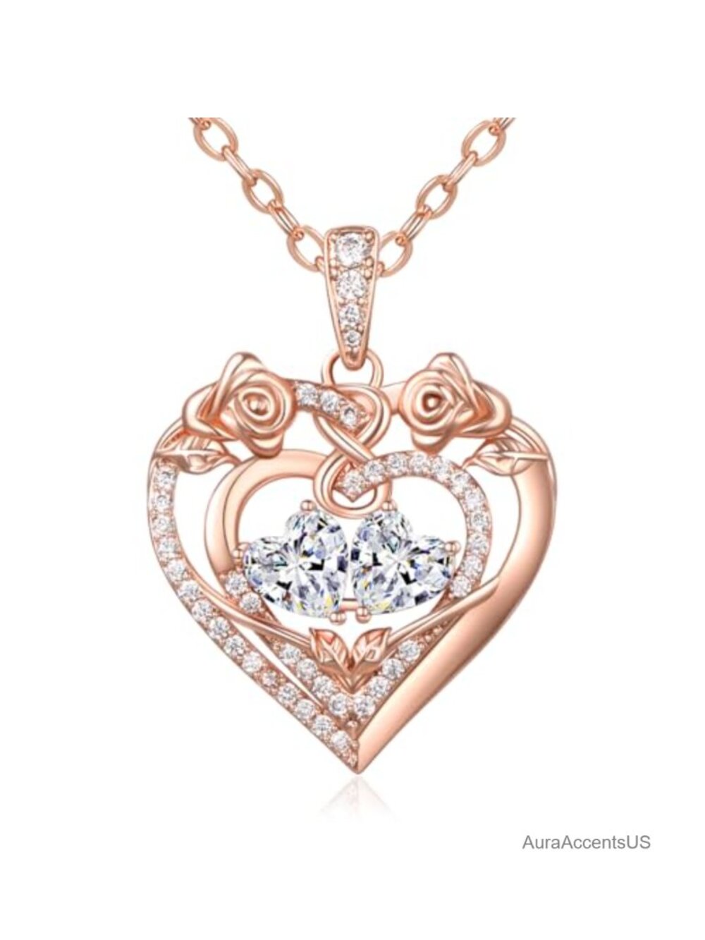 14K Rose Gold Double Heart Birthstone Pendant Necklace Gift for Her